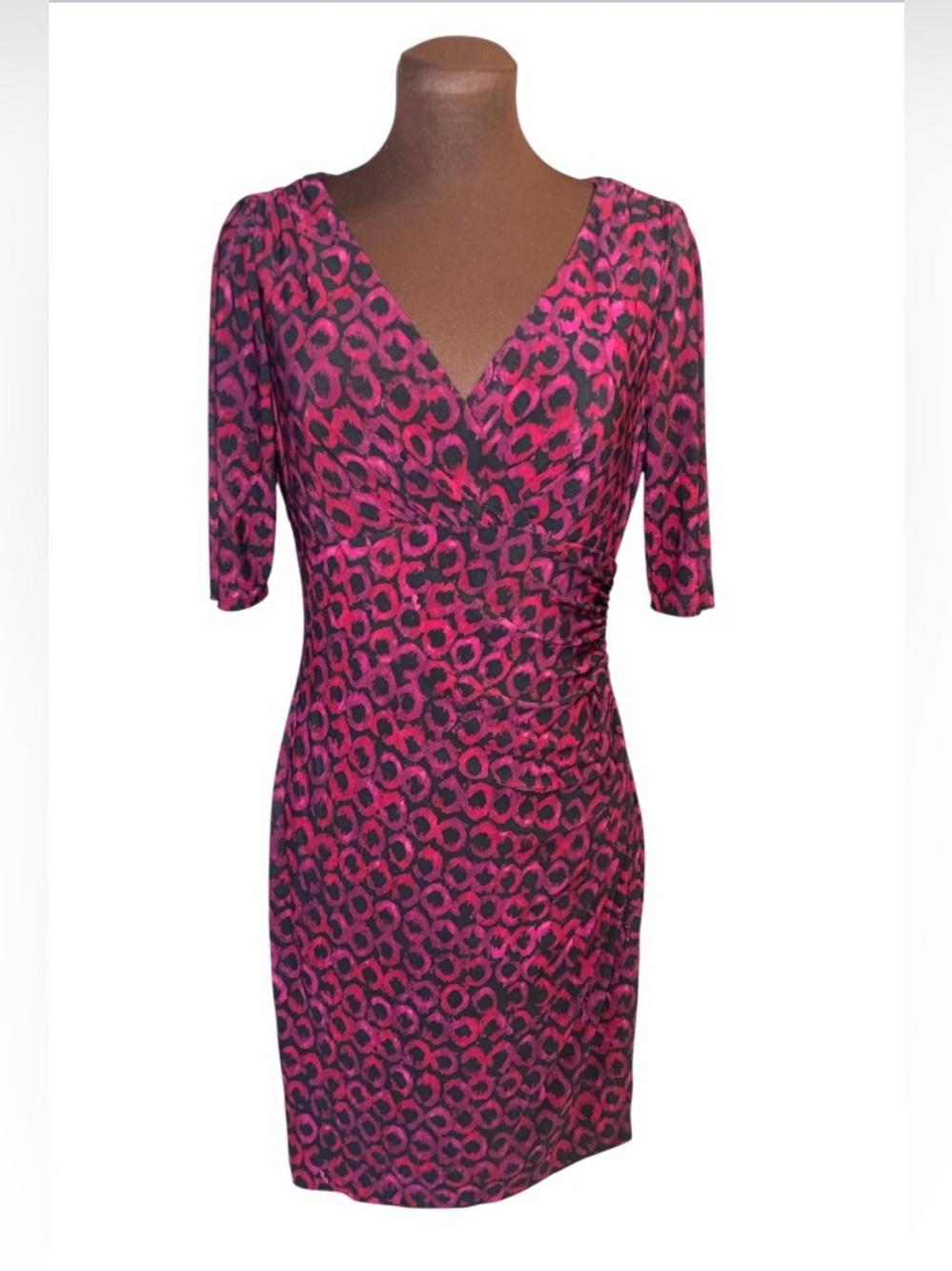 RALPH LAUREN Purple & Black V-Neck Faux Wrap Midi 3/4 Sleeve Dress 8